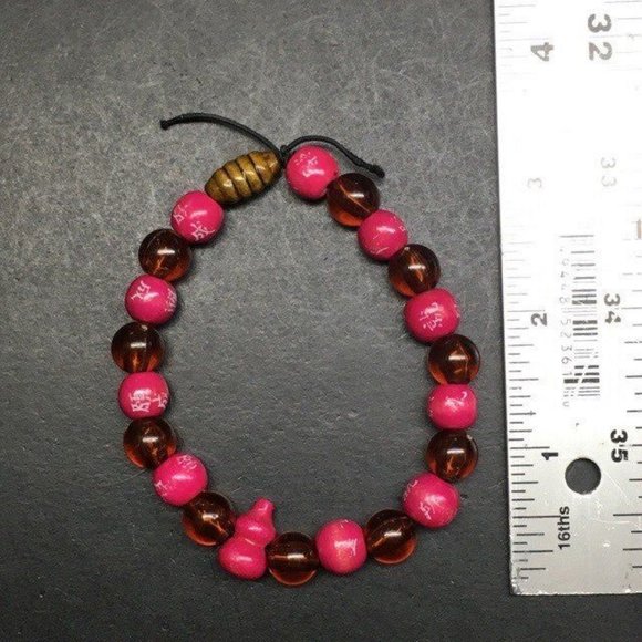 Exotic Asian Stretch Bracelet Hot Pink Amber Brown Round Retro BoHo - Picture 5 of 5